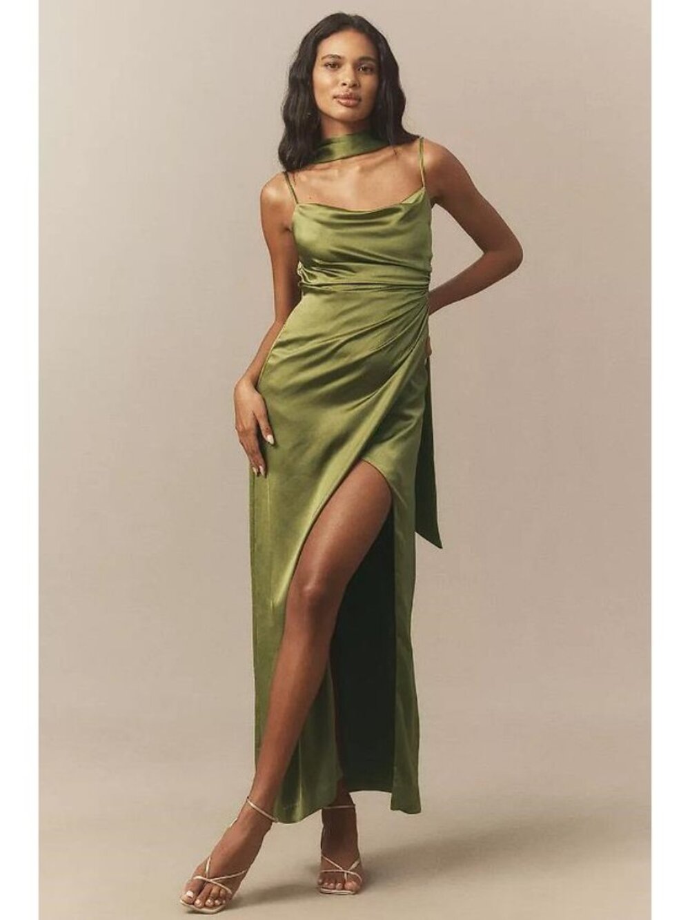 BHLDN Women's Delaney Scoop-Neck Scarf High-Shine Satin Maxi Dress Sz M in Green